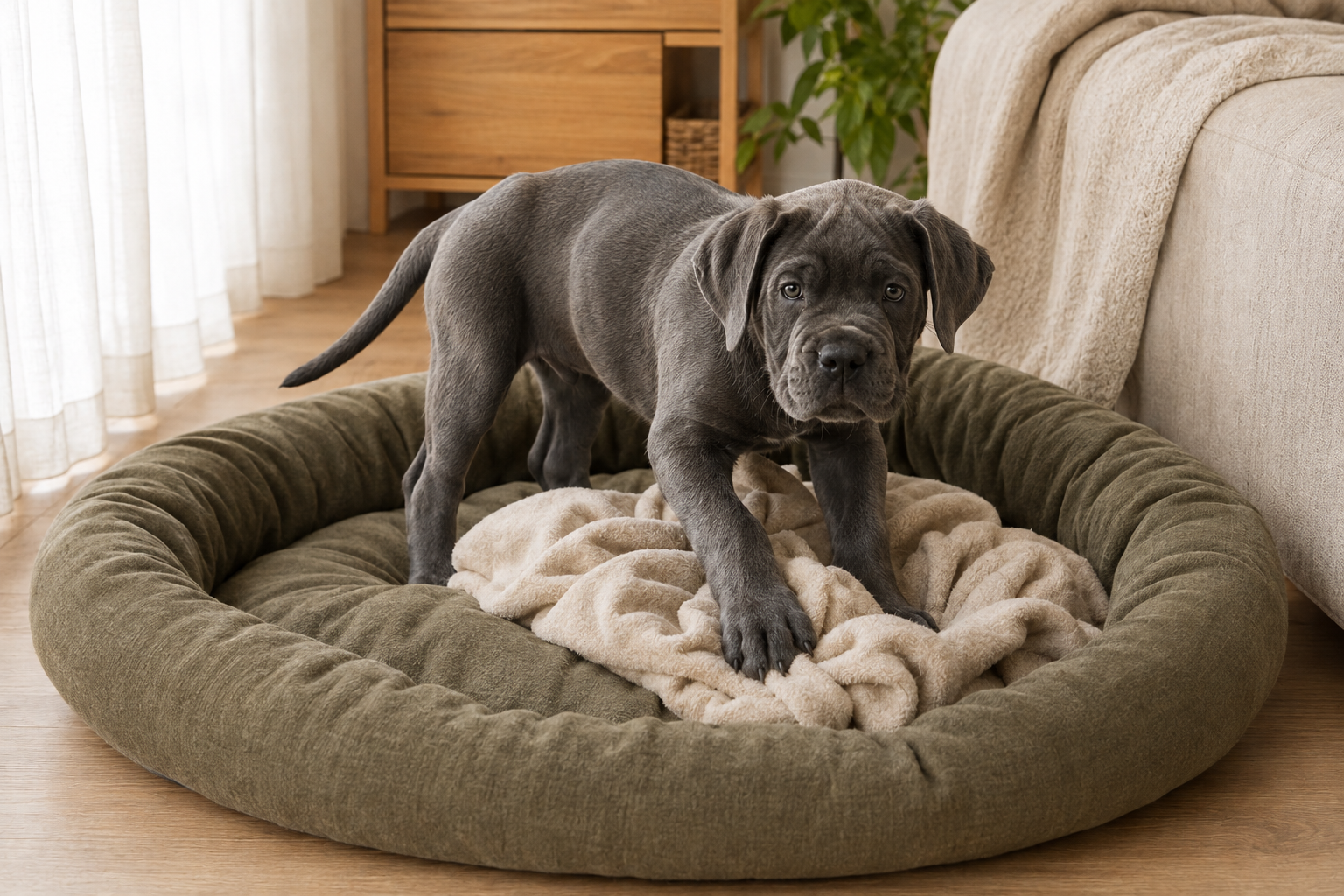 Štěně cane corso natažené v pelíšku správné velikosti